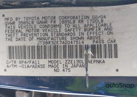 2004 Toyota Corolla Le z USA, uszkodzony, nr VIN JTDBR32E742047514